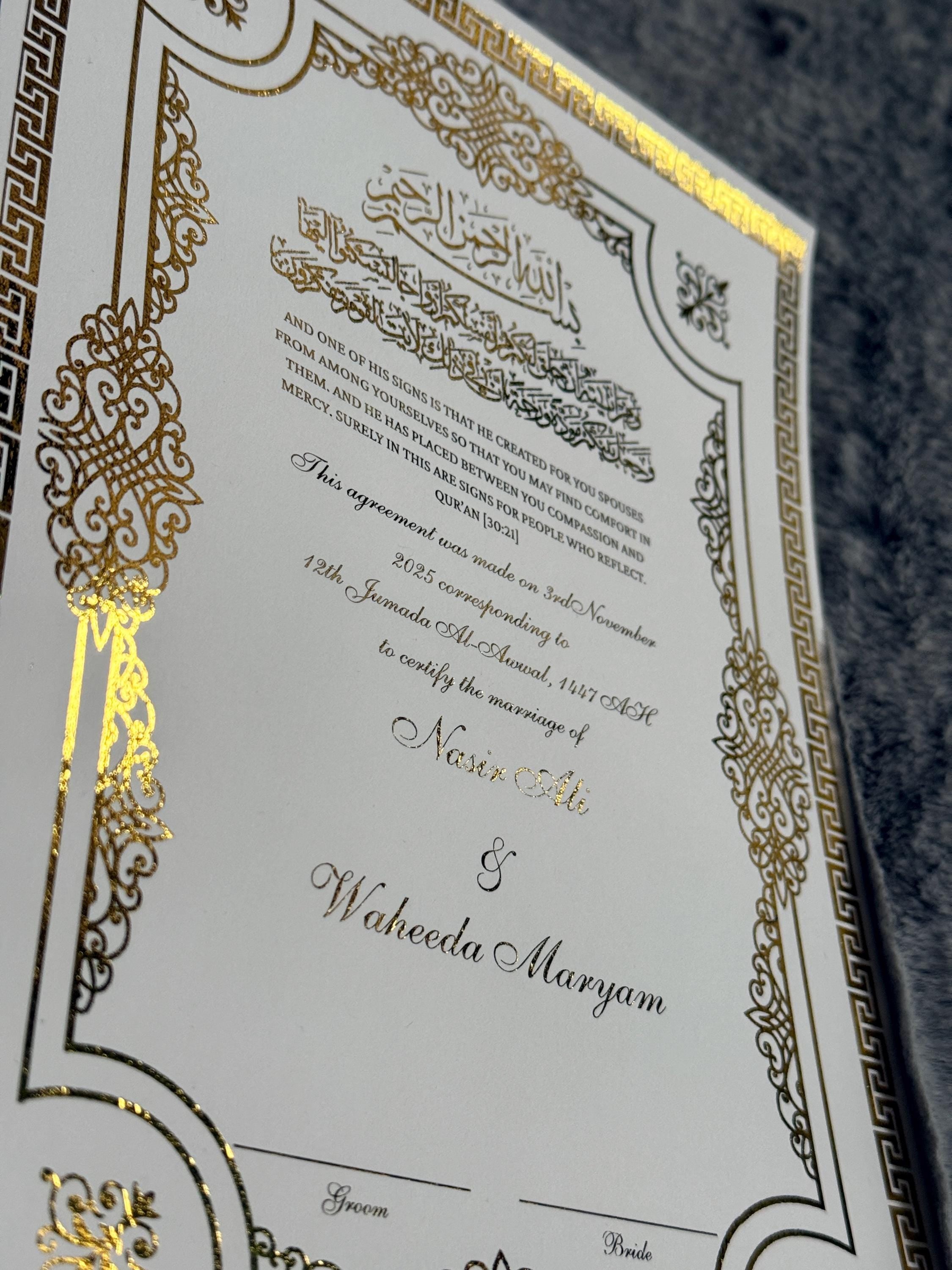 Luxury Foiled Nikkah Certificate Personalised Islamic Wedding Contract Elegant A4 with Gold Foil Customisable Nikkah Nama A4