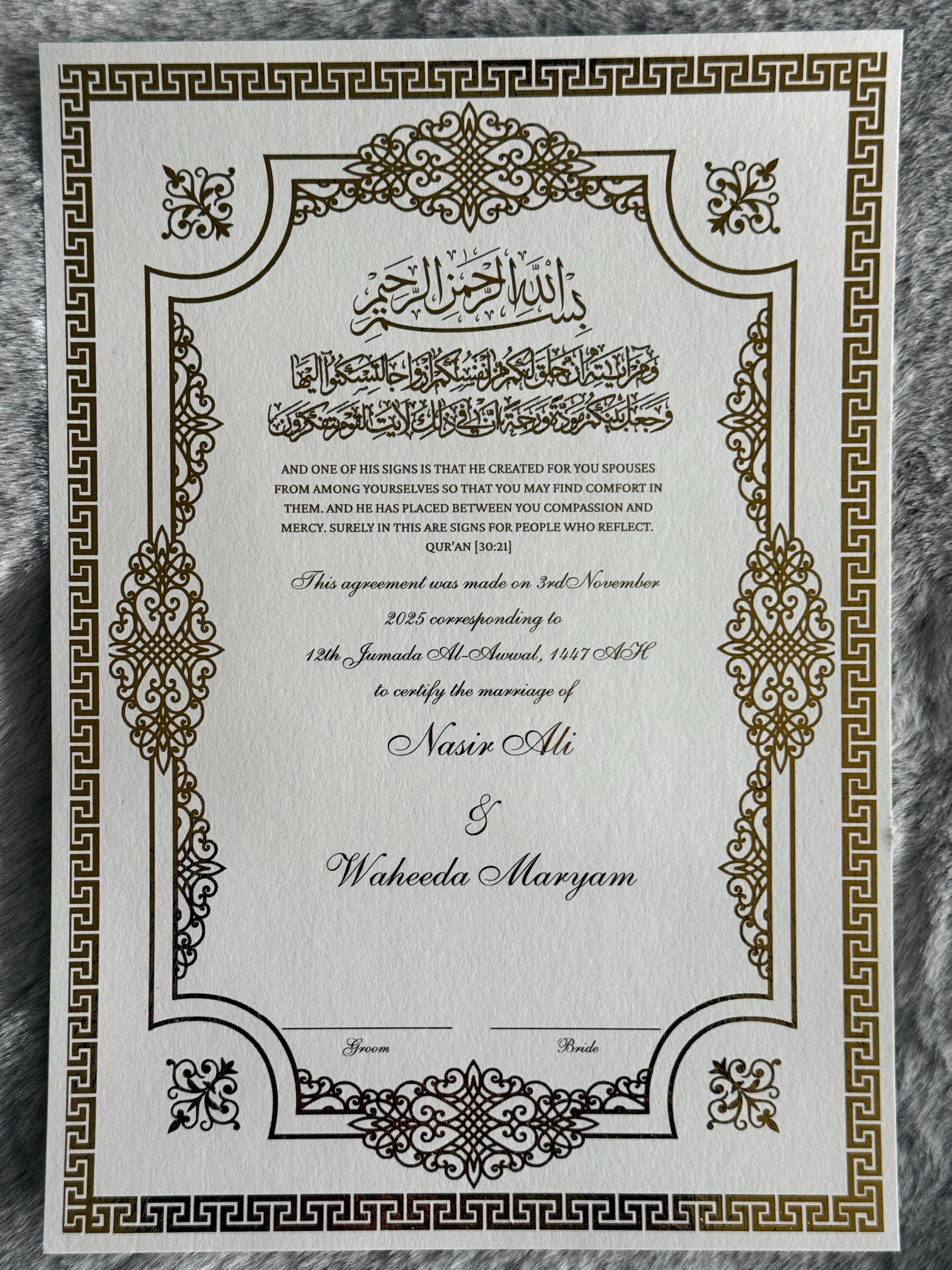 Luxury Foiled Nikkah Certificate Personalised Islamic Wedding Contract Elegant A4 with Gold Foil Customisable Nikkah Nama A4