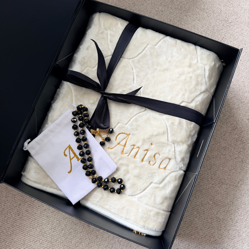 Luxury Personalised Embroidered Prayer Mat Set | Custom Name Islamic Prayer Mats | Nikah, Wedding & Eid Gift