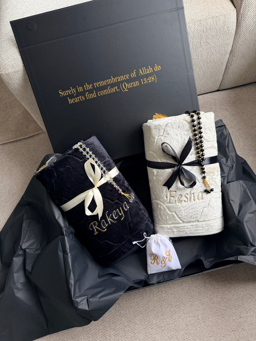 Luxury Personalised Embroidered Prayer Mat Set | Custom Name Islamic Prayer Mats | Nikah, Wedding & Eid Gift