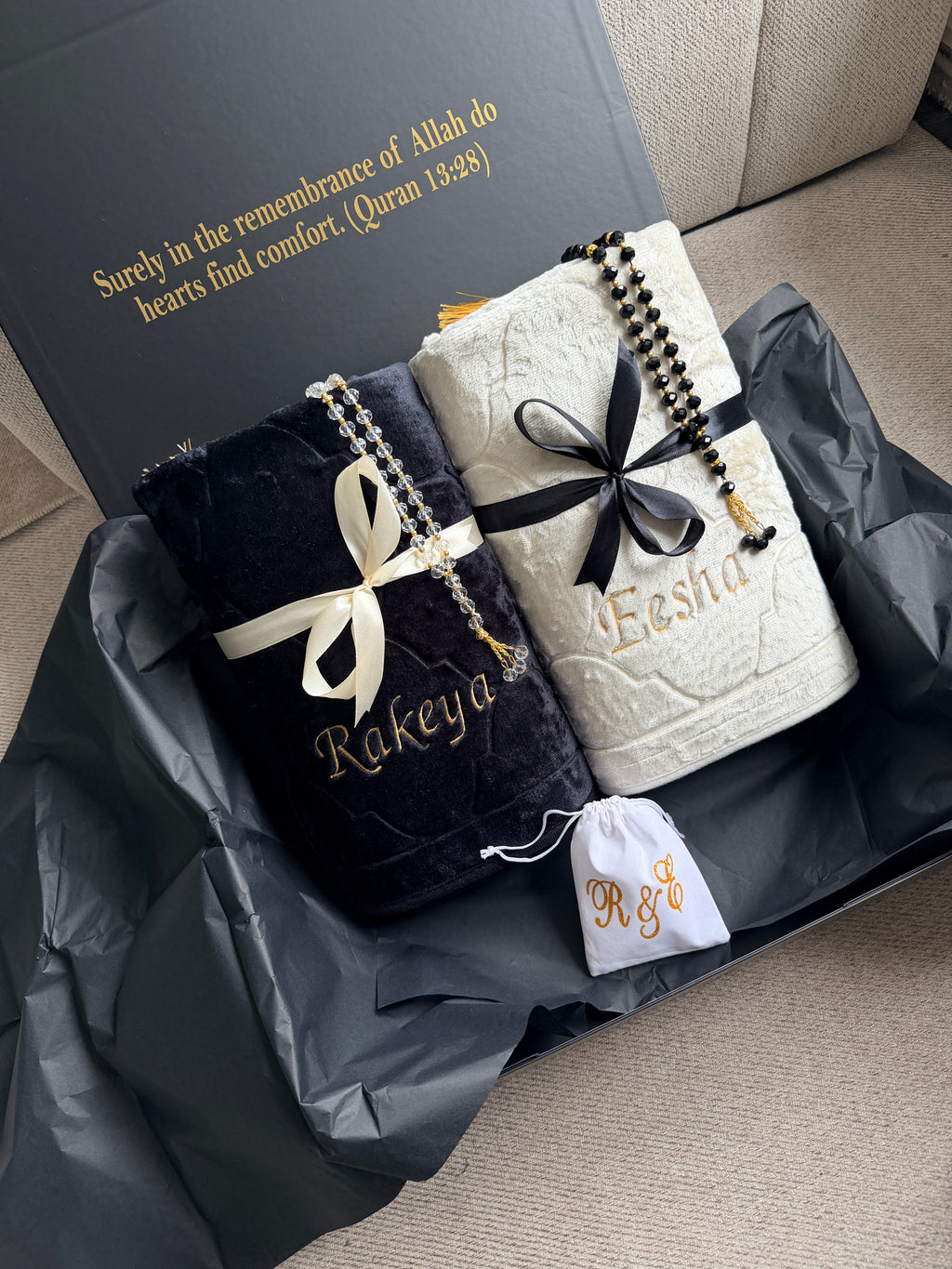 Luxury Personalised Embroidered Prayer Mat Set | Custom Name Islamic Prayer Mats | Nikah, Wedding & Eid Gift