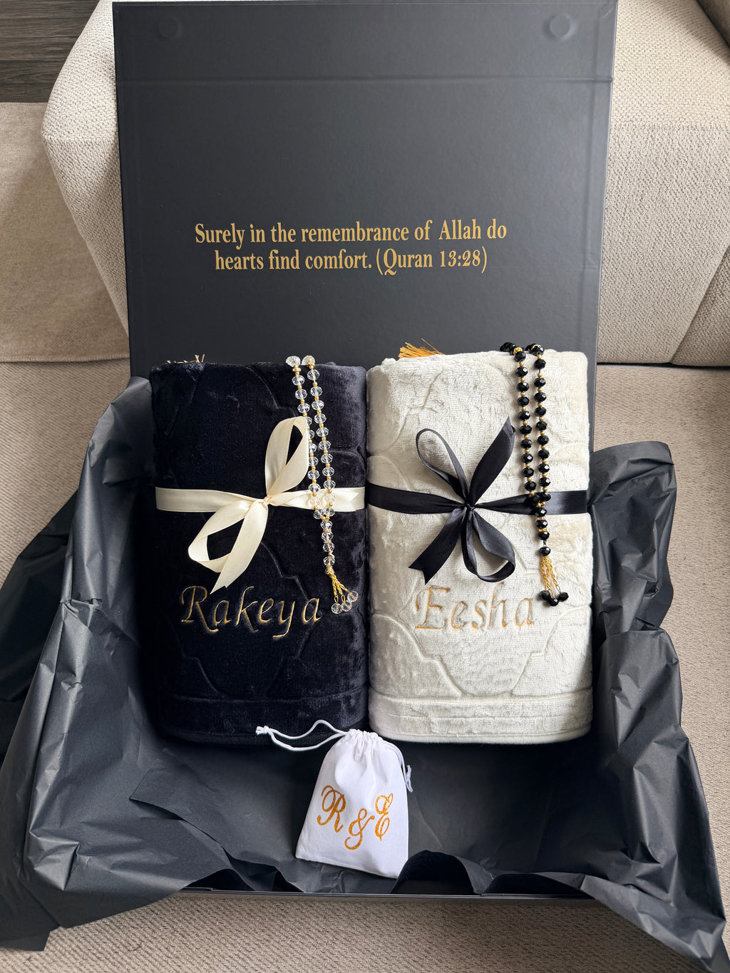 Luxury Personalised Embroidered Prayer Mat Set | Custom Name Islamic Prayer Mats | Nikah, Wedding & Eid Gift