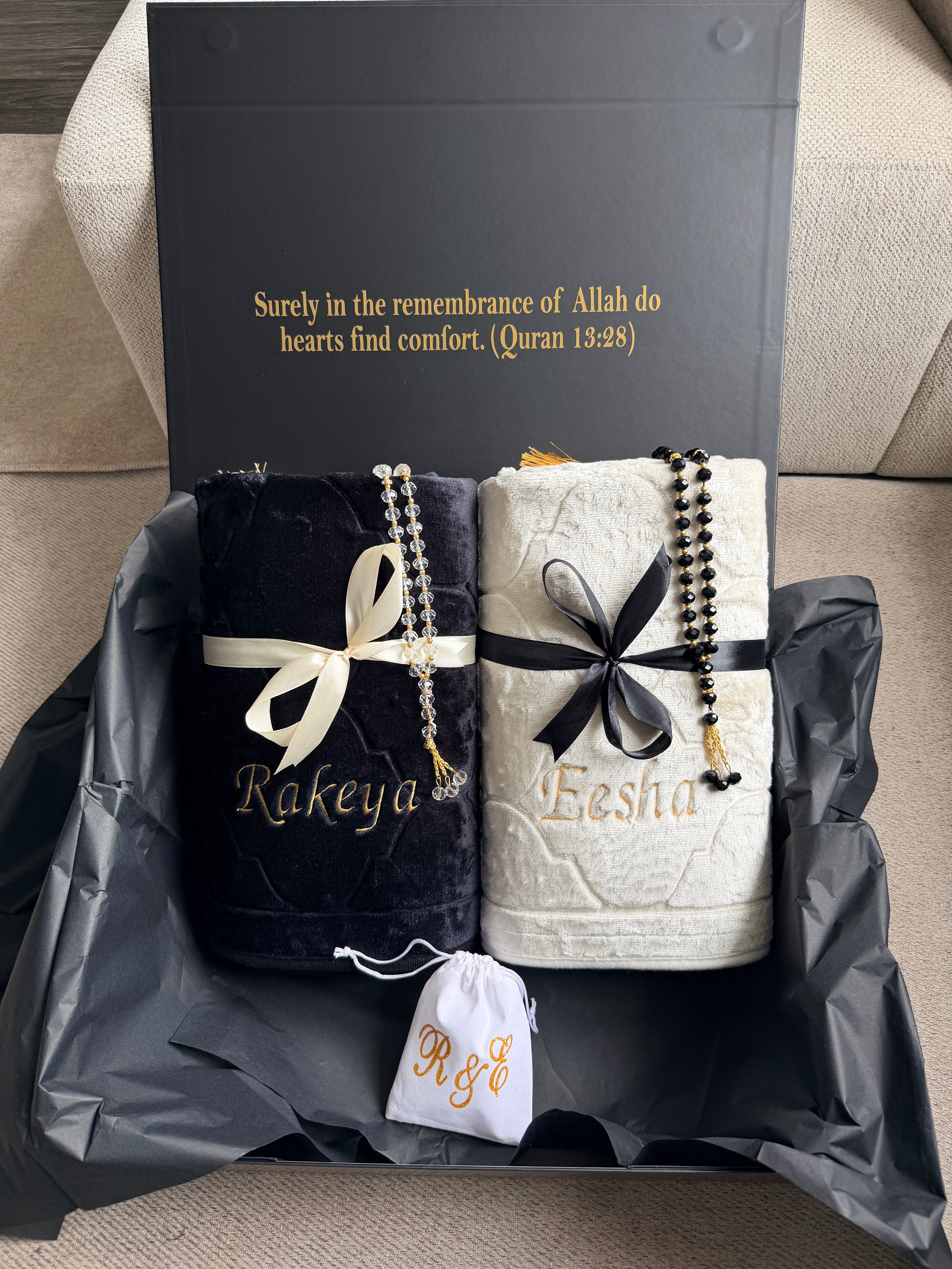 Luxury Personalised Embroidered Prayer Mat Set | Custom Name Islamic Prayer Mats | Nikah, Wedding & Eid Gift