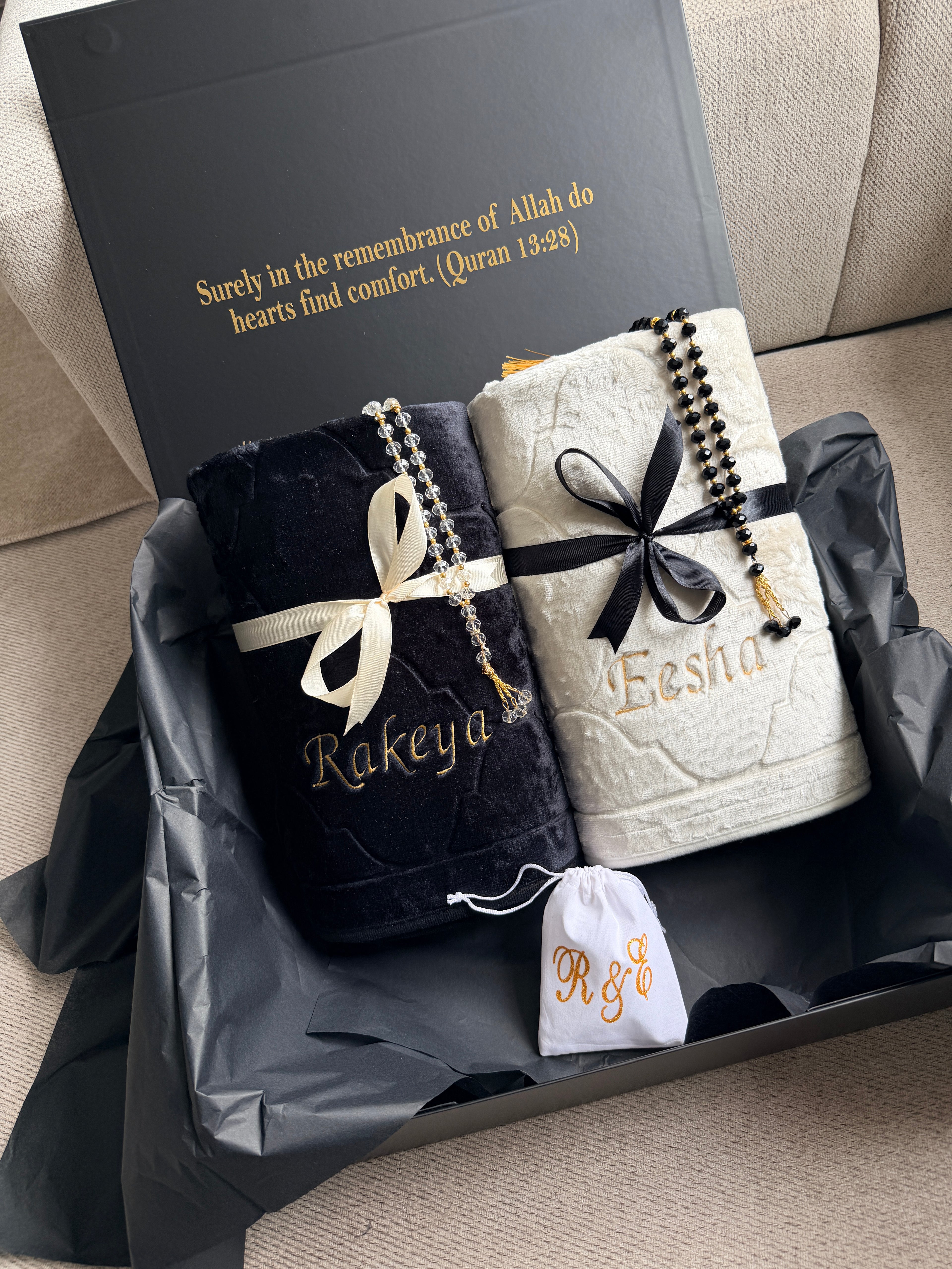 Luxury Personalised Embroidered Prayer Mat Set | Custom Name Islamic Prayer Mats | Nikah, Wedding & Eid Gift