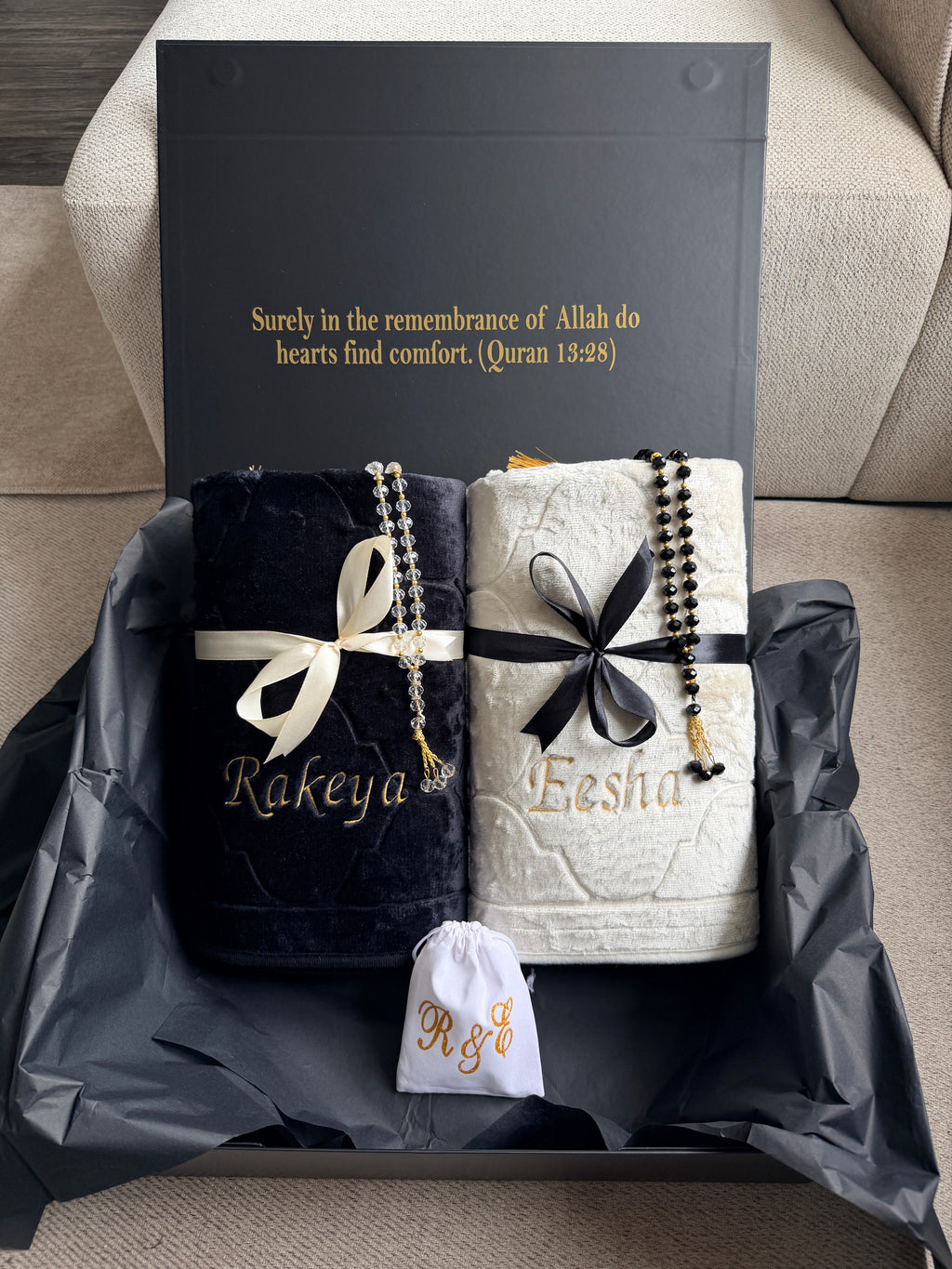 Luxury Personalised Embroidered Prayer Mat Set | Custom Name Islamic Prayer Mats | Nikah, Wedding & Eid Gift