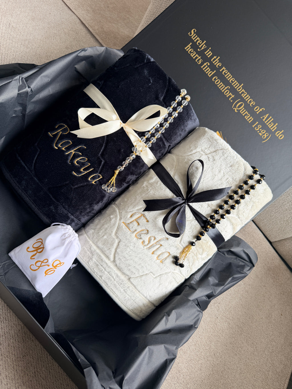 Luxury Personalised Embroidered Prayer Mat Set | Custom Name Islamic Prayer Mats | Nikah, Wedding & Eid Gift