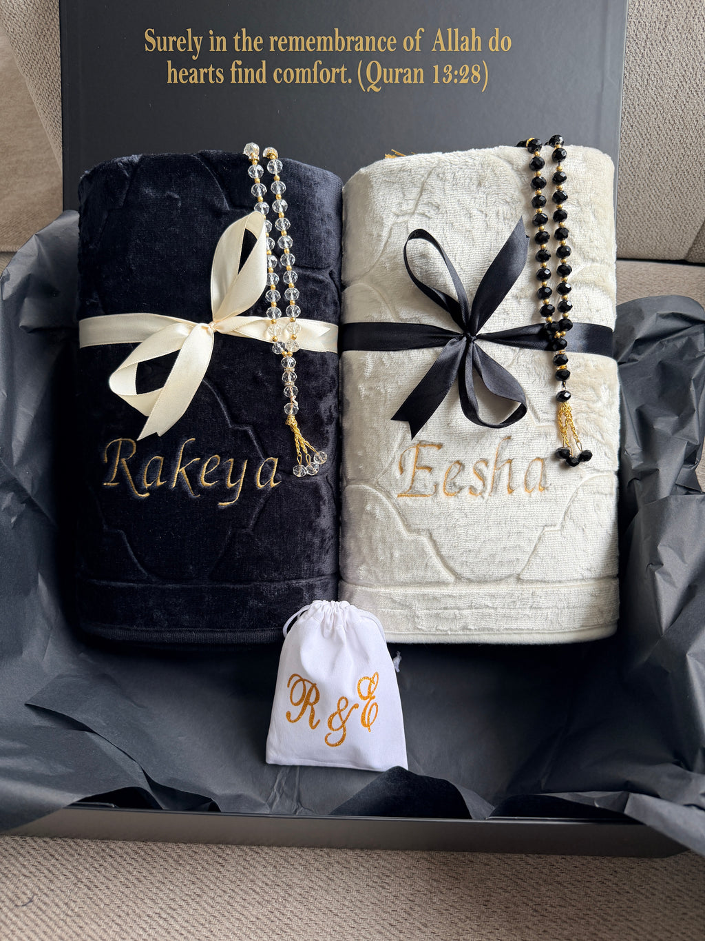 Luxury Personalised Embroidered Prayer Mat Set | Custom Name Islamic Prayer Mats | Nikah, Wedding & Eid Gift