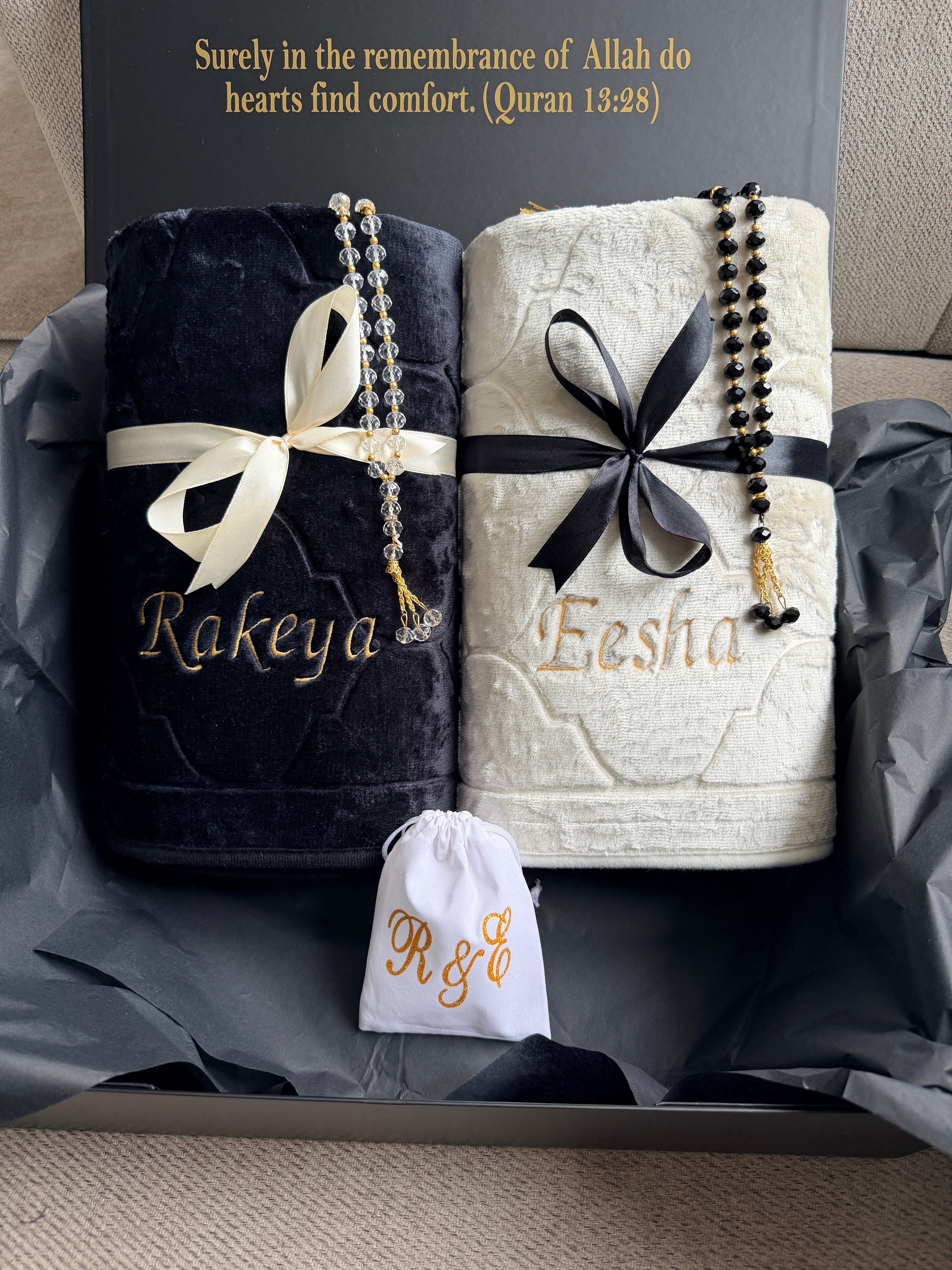 Luxury Personalised Embroidered Prayer Mat Set | Custom Name Islamic Prayer Mats | Nikah, Wedding & Eid Gift