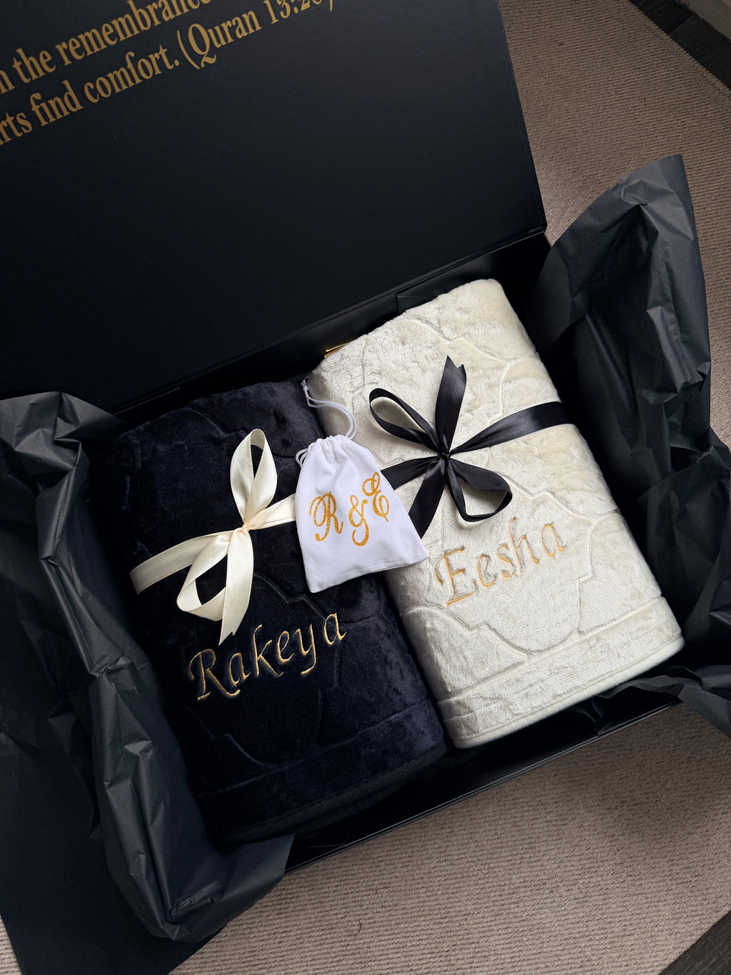 Luxury Personalised Embroidered Prayer Mat Set | Custom Name Islamic Prayer Mats | Nikah, Wedding & Eid Gift