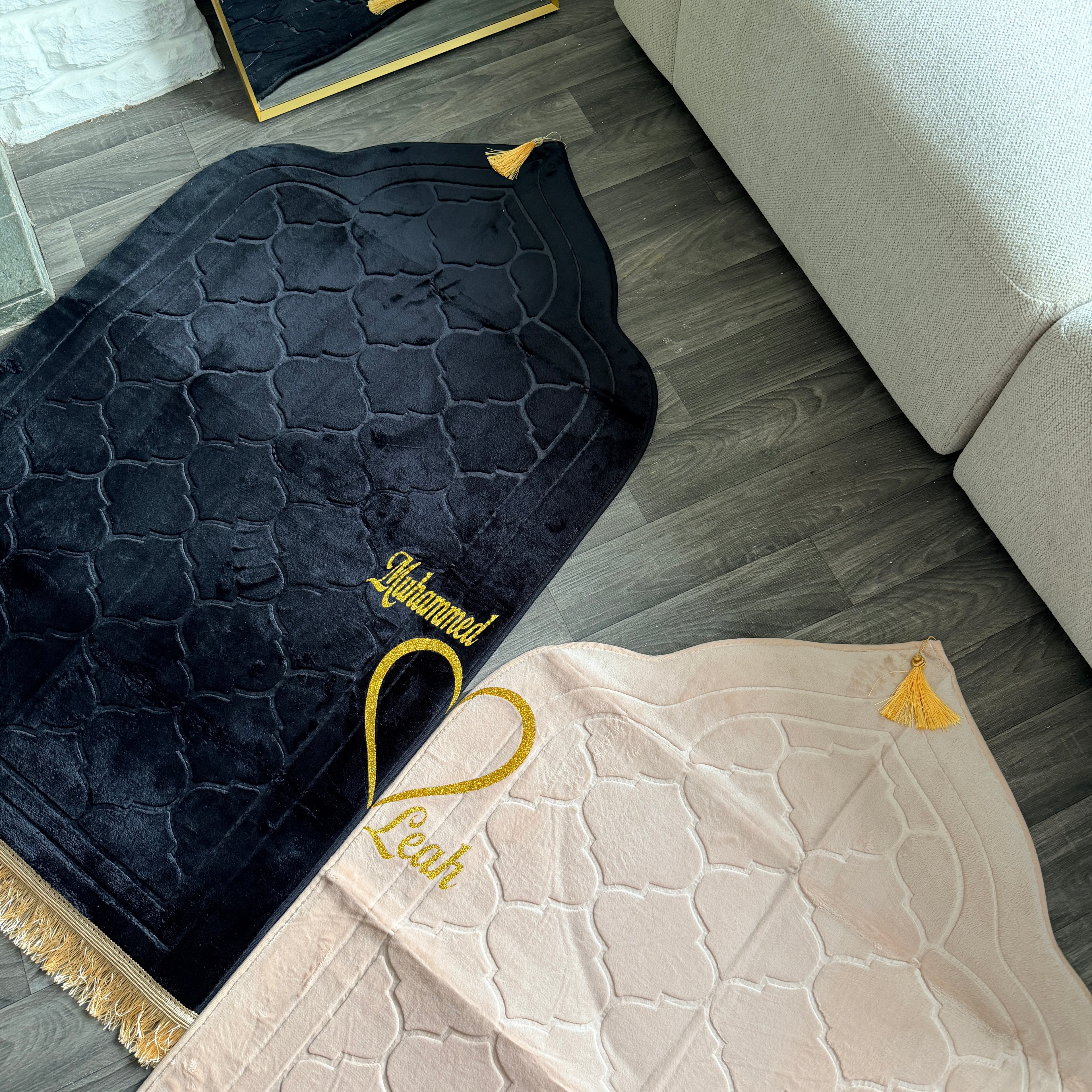 Personalised Couple Prayer Mat Set with Names – Foam Padded Islamic Prayer Mats