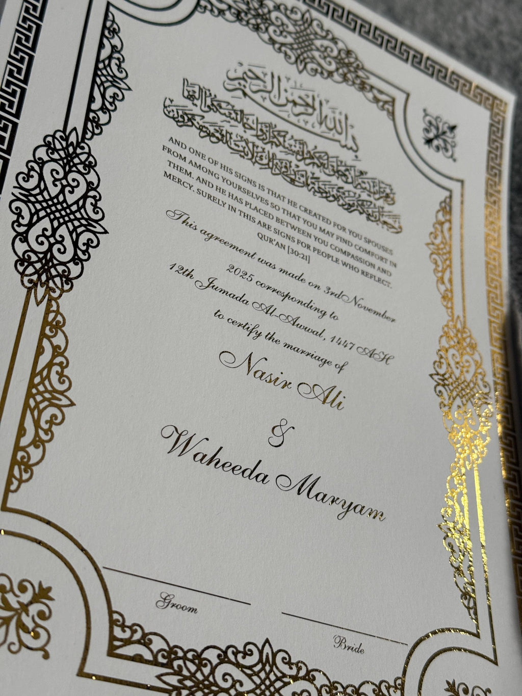 Luxury Foiled Nikkah Certificate Personalised Islamic Wedding Contract Elegant A4 with Gold Foil Customisable Nikkah Nama A4