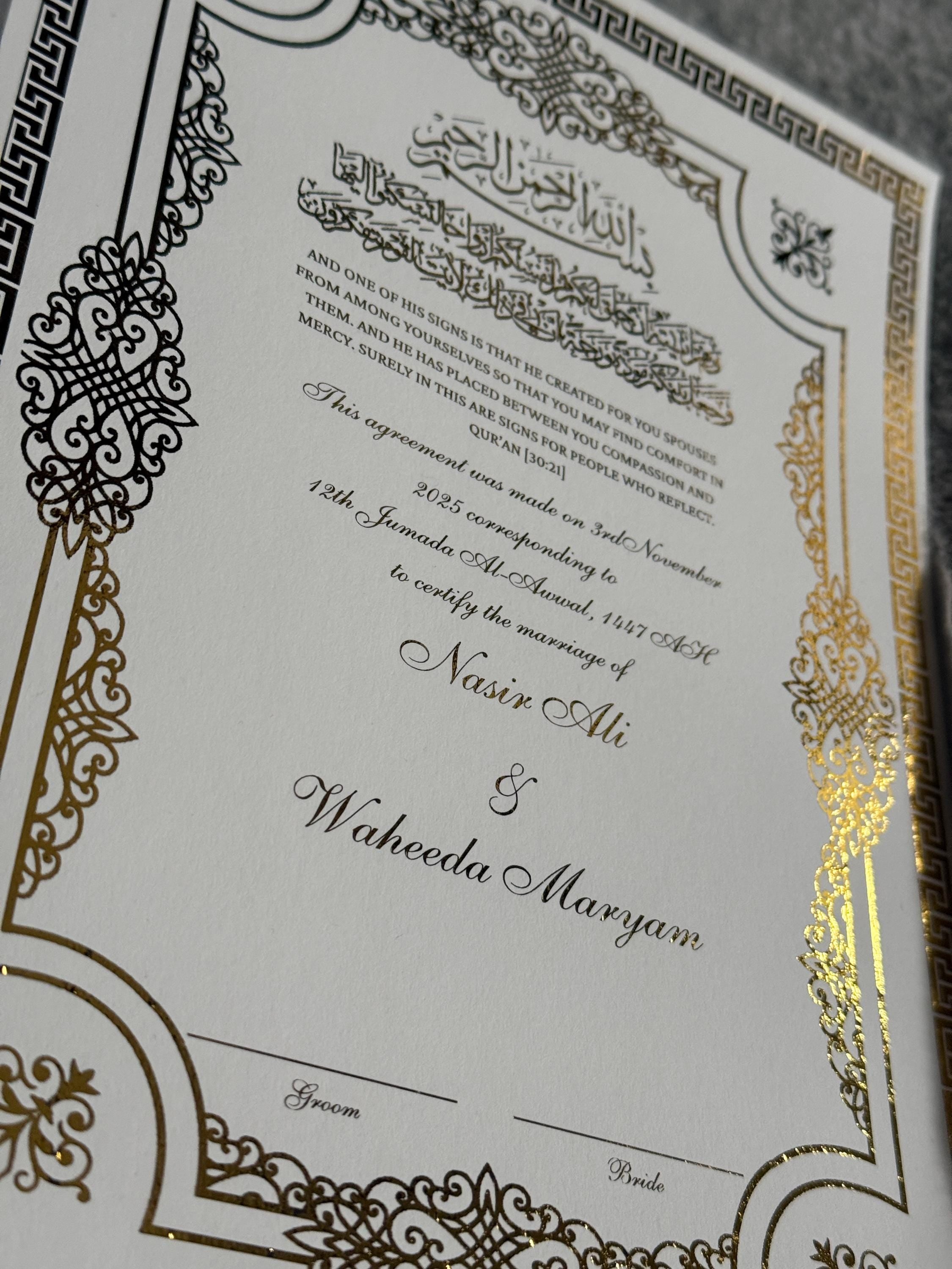 Luxury Foiled Nikkah Certificate Personalised Islamic Wedding Contract Elegant A4 with Gold Foil Customisable Nikkah Nama A4