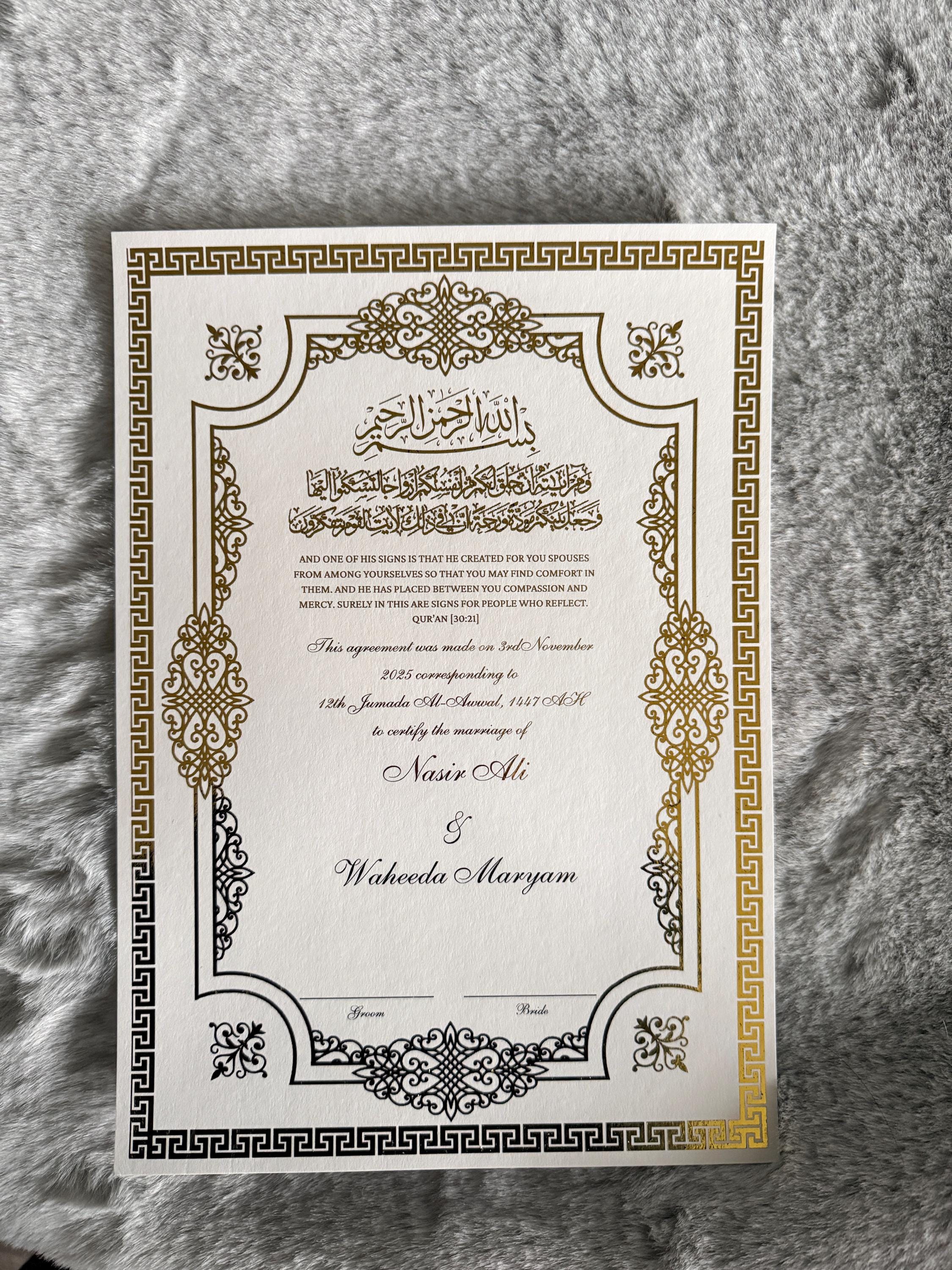 Luxury Foiled Nikkah Certificate Personalised Islamic Wedding Contract Elegant A4 with Gold Foil Customisable Nikkah Nama A4